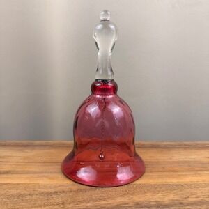 Pilgrim Glass Cranberry Red Hand Blown Glass Bell Clear Handle Vintage Decor